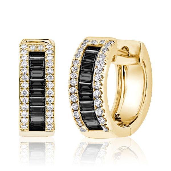 Sterling Silver Triple Row Hoop Earrings with Baguette and Round Cut Black Diamonds