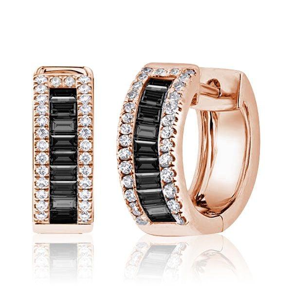 Sterling Silver Triple Row Hoop Earrings with Baguette and Round Cut Black Diamonds