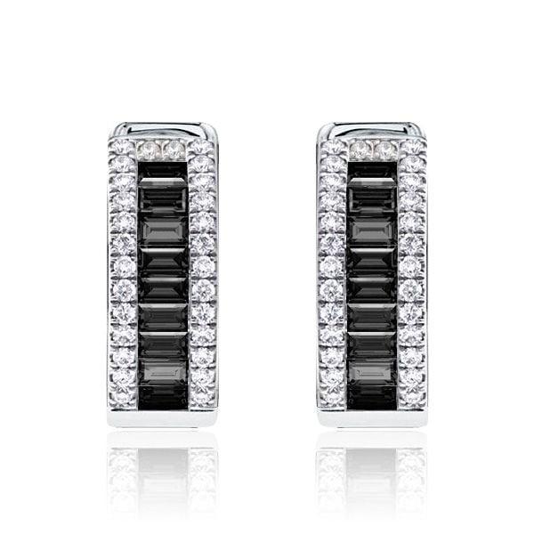 Sterling Silver Triple Row Hoop Earrings with Baguette and Round Cut Black Diamonds