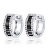 Sterling Silver Triple Row Hoop Earrings with Baguette and Round Cut Black Diamonds