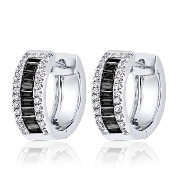 Sterling Silver Triple Row Hoop Earrings with Baguette and Round Cut Black Diamonds
