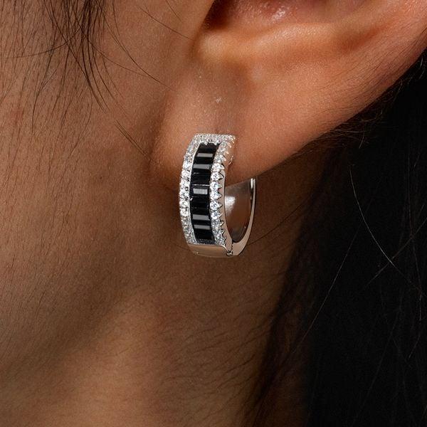 Sterling Silver Triple Row Hoop Earrings with Baguette and Round Cut Black Diamonds