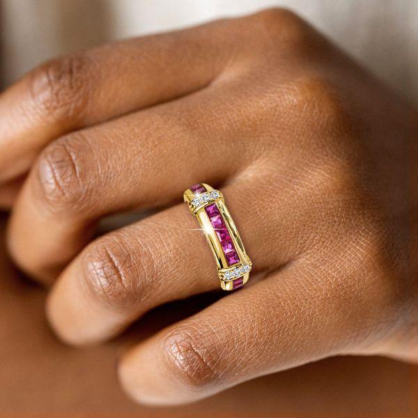 Invisible Set Asscher Cut Ruby Wedding Band - 18K Gold Plated Sterling Silver