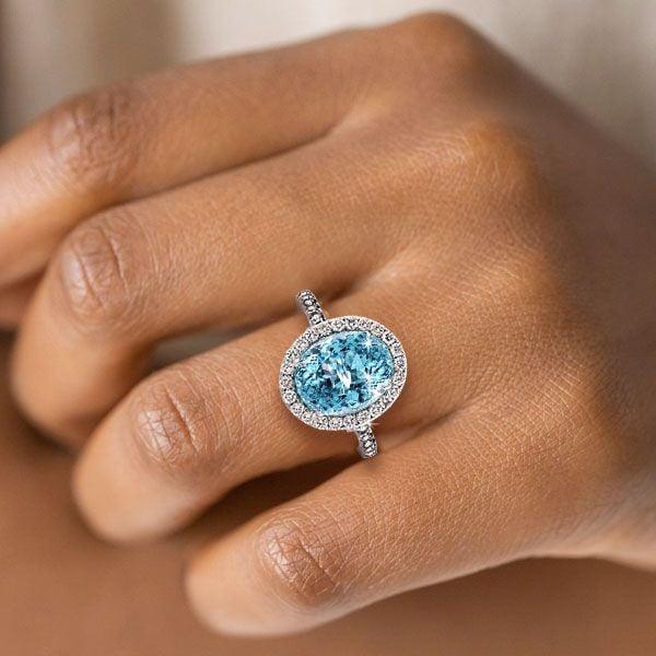 Oval Cut Aquamarine Engagement Ring in Rhodium Plated 925 Sterling Silver
