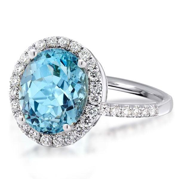 Oval Cut Aquamarine Engagement Ring in Rhodium Plated 925 Sterling Silver