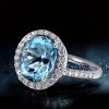 Oval Cut Aquamarine Engagement Ring in Rhodium Plated 925 Sterling Silver