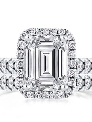 Classic Emerald Cut & Round Halo Bridal Set in Sterling Silver with 3.00 CTW