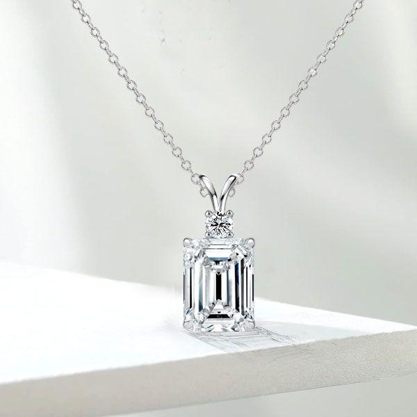 Emerald Cut White Sapphire Pendant Necklace - Sterling Silver