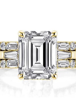Golden Emerald Three Stone Wedding Ring Set - 18K Gold Plated Sterling Silver