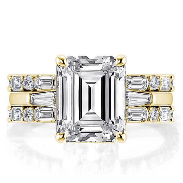 Golden Emerald Three Stone Wedding Ring Set - 18K Gold Plated Sterling Silver
