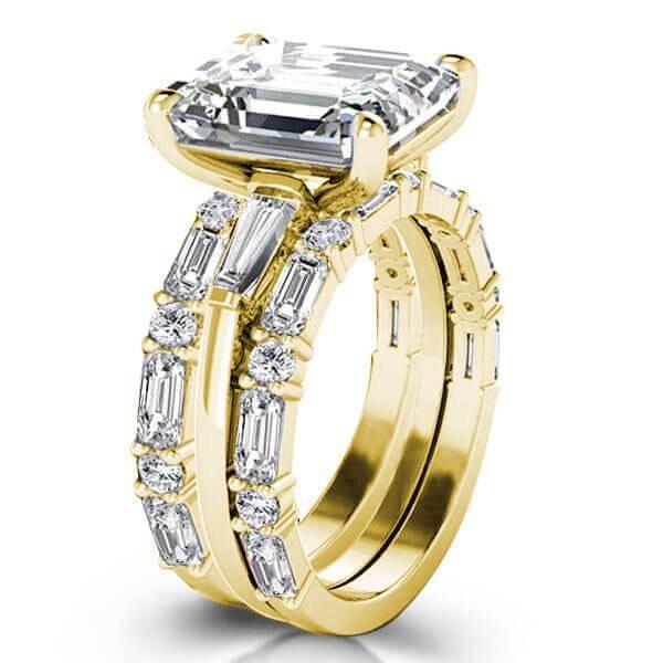 Golden Emerald Three Stone Wedding Ring Set - 18K Gold Plated Sterling Silver