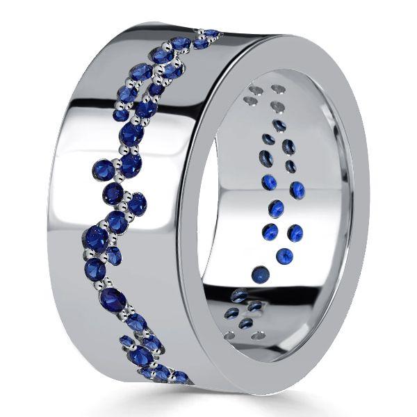 Blue Sapphire Eternity Wedding Band - Sterling Silver, Wide Flush Setting