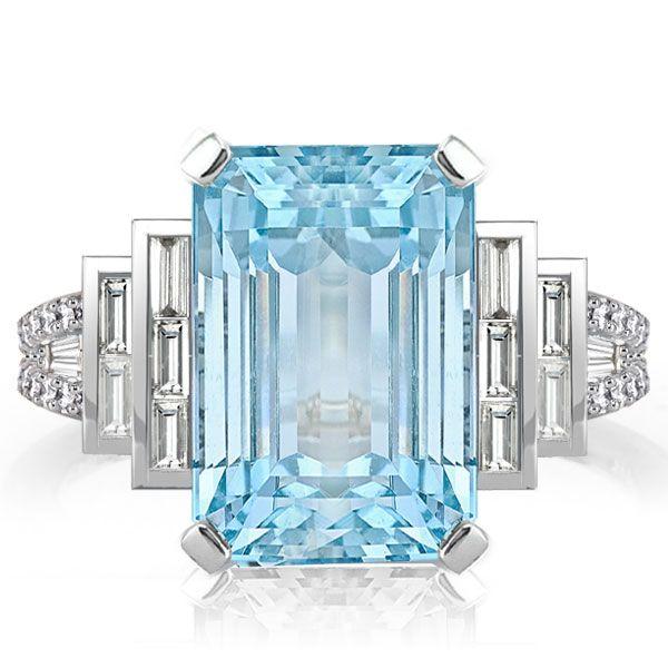 Emerald Cut Aquamarine Engagement Ring - Split Shank 925 Sterling Silver