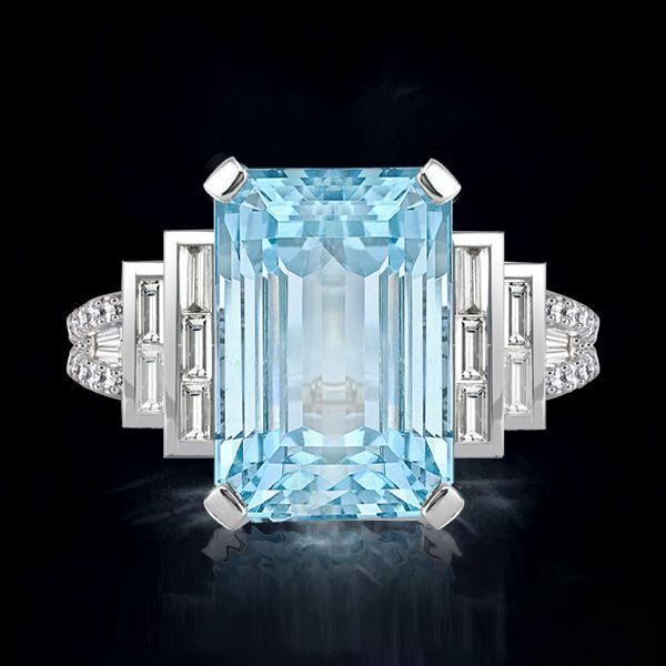 Emerald Cut Aquamarine Engagement Ring - Split Shank 925 Sterling Silver