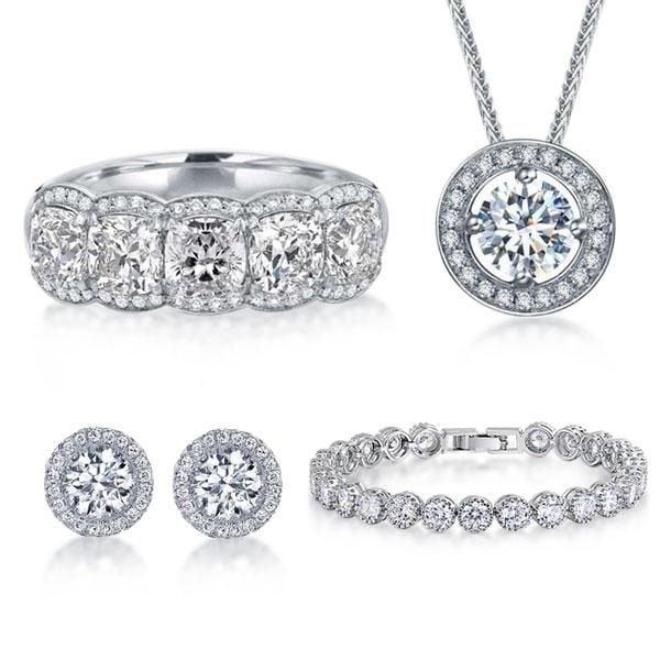 Sterling Silver Halo Round & Cushion Cut Bridal Jewelry Set 5.00 CTW