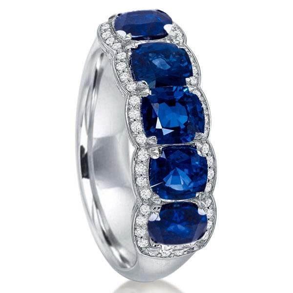 Cushion Halo Created Sapphire Wedding Band in 925 Sterling Silver, 5.00 CT. TW.