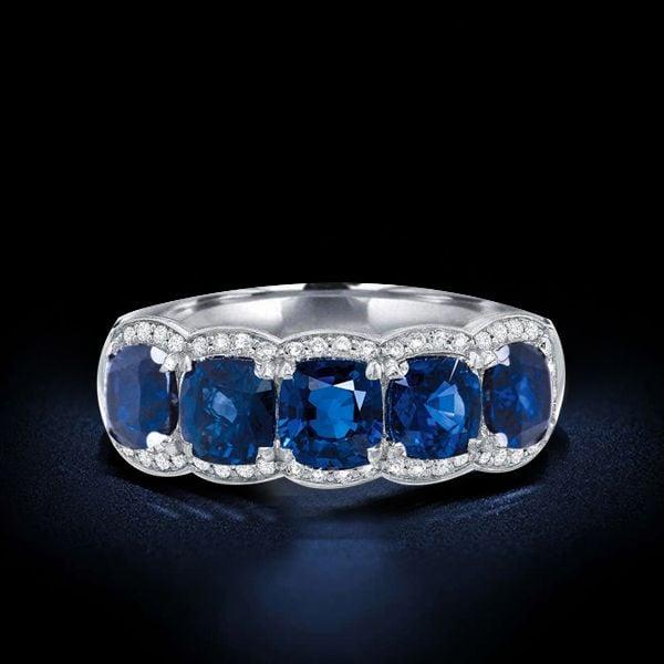 Cushion Halo Created Sapphire Wedding Band in 925 Sterling Silver, 5.00 CT. TW.