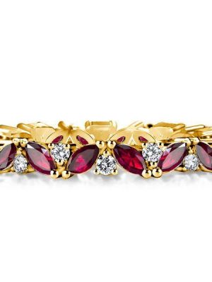 Ruby Marquise & Round Cut Wedding Band Ring - 18K Gold Plated Sterling Silver