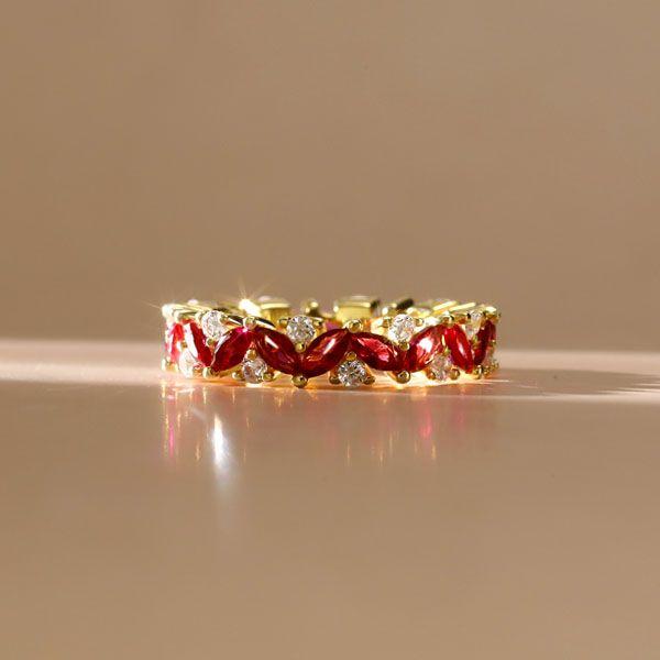 Ruby Marquise & Round Cut Wedding Band Ring - 18K Gold Plated Sterling Silver