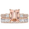 Rose Gold Morganite & Emerald Cut Bridal Set - 18K Plated Sterling Silver Wedding Rings