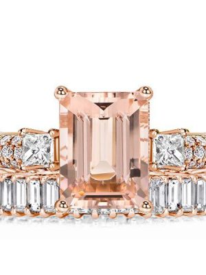 Rose Gold Morganite & Emerald Cut Bridal Set - 18K Plated Sterling Silver Wedding Rings