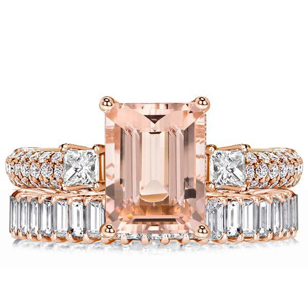 Rose Gold Morganite & Emerald Cut Bridal Set - 18K Plated Sterling Silver Wedding Rings