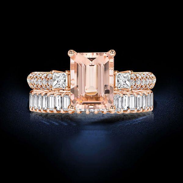 Rose Gold Morganite & Emerald Cut Bridal Set - 18K Plated Sterling Silver Wedding Rings