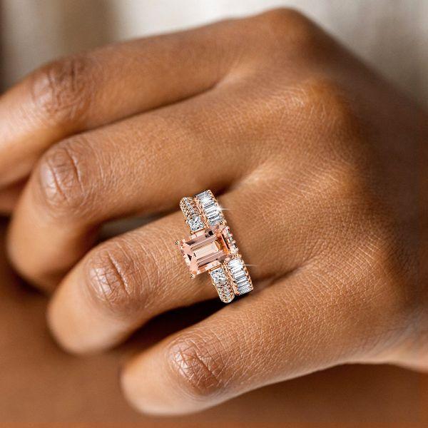 Rose Gold Morganite & Emerald Cut Bridal Set - 18K Plated Sterling Silver Wedding Rings