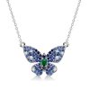 Dancing Butterfly Blue Sapphire Pendant Necklace in Rhodium Plated 925 Sterling Silver for Women