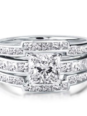 Classic White Sapphire 3PC Sterling Silver Wedding Ring Set