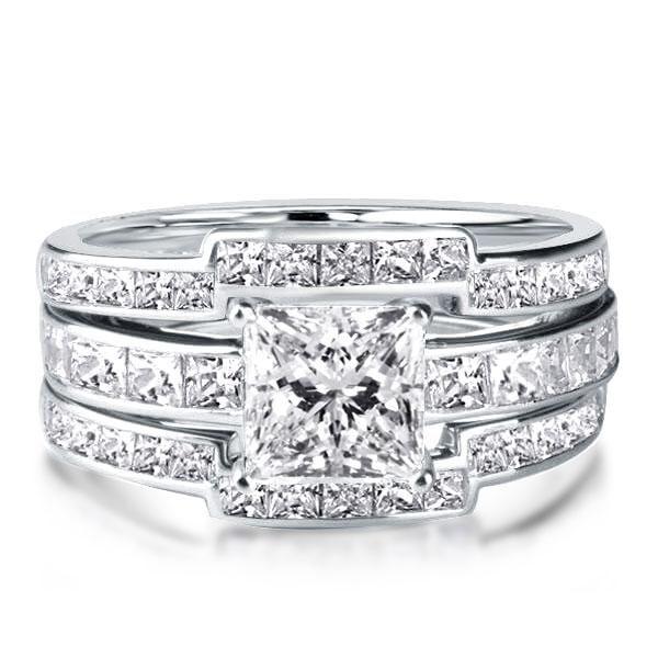 Classic White Sapphire 3PC Sterling Silver Wedding Ring Set