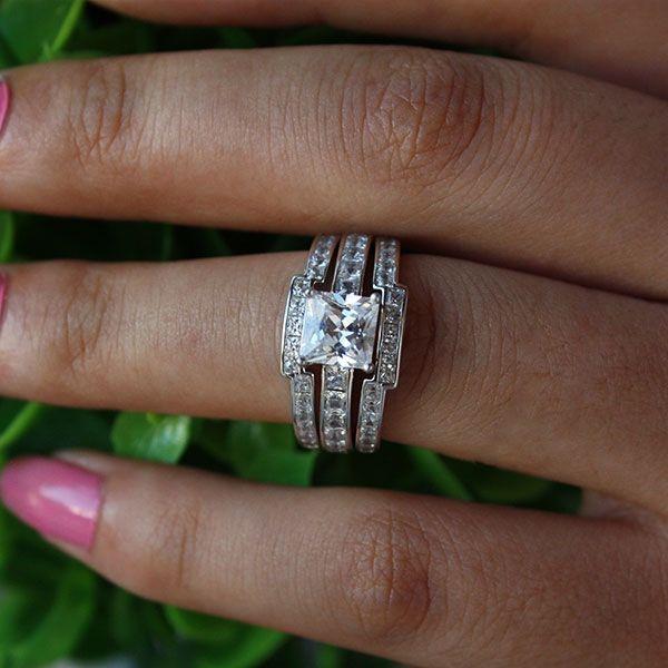 Classic White Sapphire 3PC Sterling Silver Wedding Ring Set