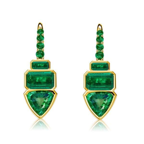 18K Gold Plated Trilliant Cut Emerald Color Drop Earrings | 8.50 CTW