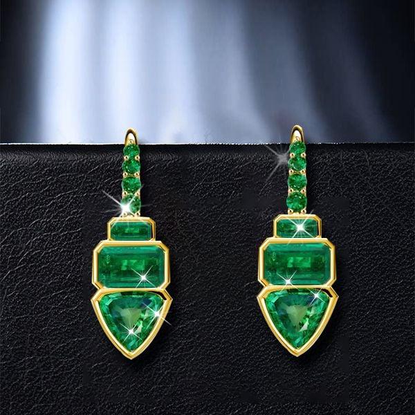 18K Gold Plated Trilliant Cut Emerald Color Drop Earrings | 8.50 CTW