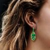 18K Gold Plated Trilliant Cut Emerald Color Drop Earrings | 8.50 CTW
