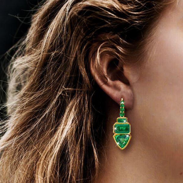 18K Gold Plated Trilliant Cut Emerald Color Drop Earrings | 8.50 CTW