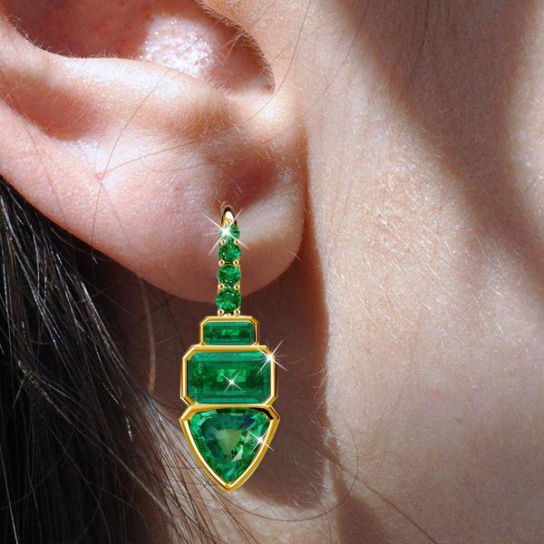 18K Gold Plated Trilliant Cut Emerald Color Drop Earrings | 8.50 CTW