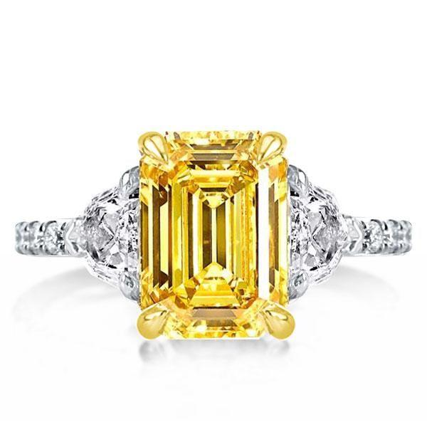 Two-Tone Sterling Silver Emerald & Yellow Topaz Three Stone Engagement Ring