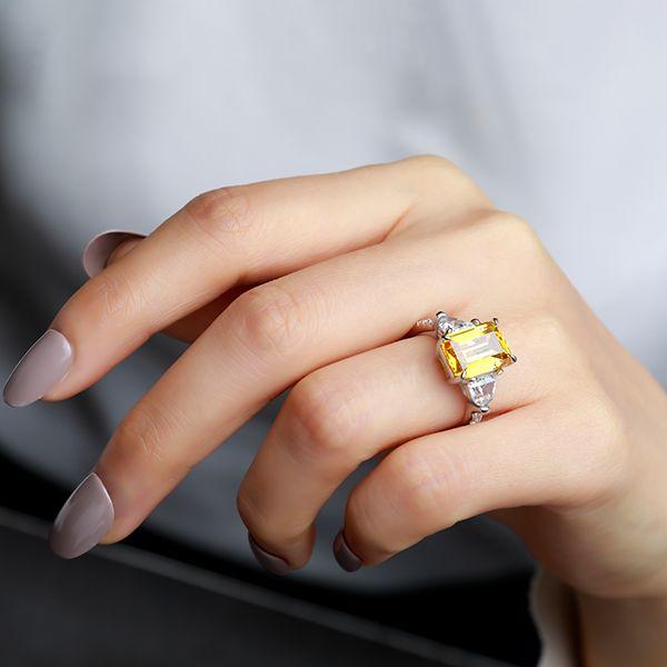 Two-Tone Sterling Silver Emerald & Yellow Topaz Three Stone Engagement Ring