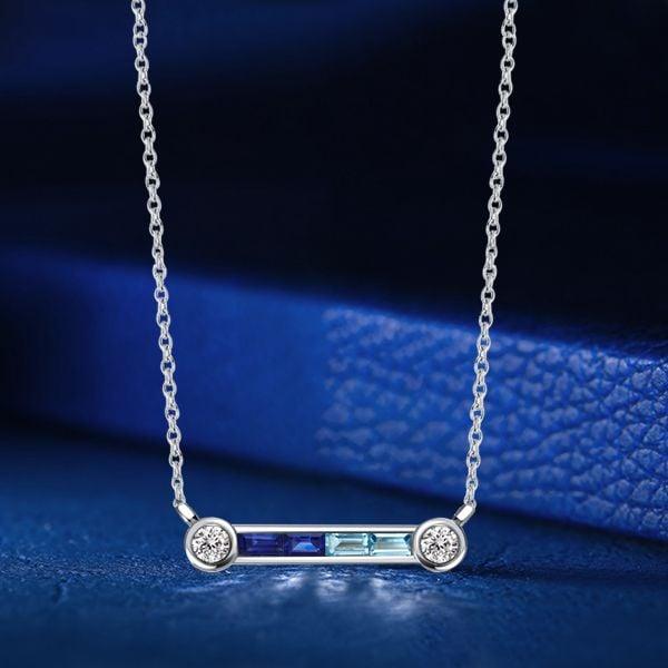 Sterling Silver Aquamarine and Blue Sapphire Pendant Necklace with Adjustable Chain