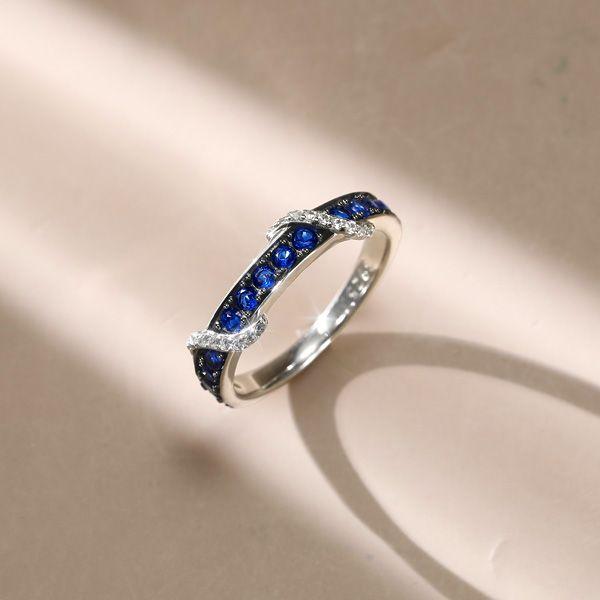 Blue Sapphire Ribbon Wedding Band - Sterling Silver .925