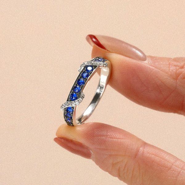 Blue Sapphire Ribbon Wedding Band - Sterling Silver .925