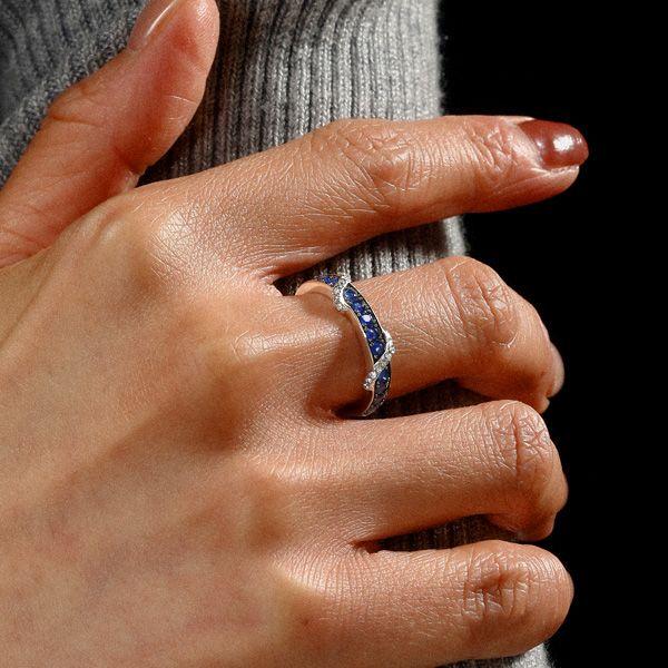 Blue Sapphire Ribbon Wedding Band - Sterling Silver .925