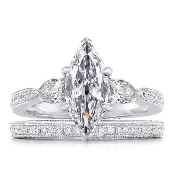 Three Stone Milgrain White Sapphire Bridal Set in Sterling Silver, 1.50 CT Created Stone