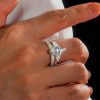 Three Stone Milgrain White Sapphire Bridal Set in Sterling Silver, 1.50 CT Created Stone