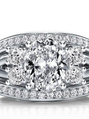 Sterling Silver Five Stone Oval White Sapphire Bridal Wedding Ring Set - 3 Piece