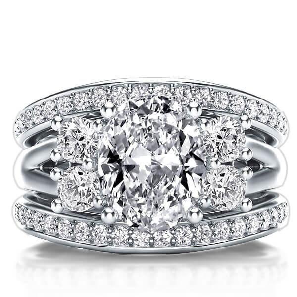 Sterling Silver Five Stone Oval White Sapphire Bridal Wedding Ring Set - 3 Piece