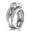 Sterling Silver Five Stone Oval White Sapphire Bridal Wedding Ring Set - 3 Piece