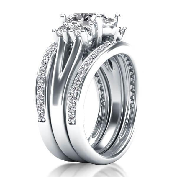 Sterling Silver Five Stone Oval White Sapphire Bridal Wedding Ring Set - 3 Piece