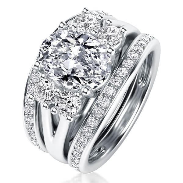 Sterling Silver Five Stone Oval White Sapphire Bridal Wedding Ring Set - 3 Piece